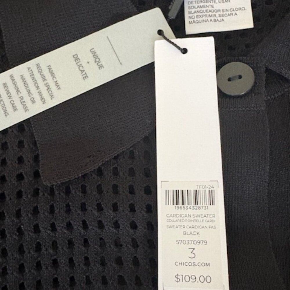 NWT Chico's Pointelle Collared Cardigan in Black - Picture 8 of 11